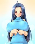  ahoge blue_hair breast_rest breasts covered_nipples fct huge_breasts idolmaster idolmaster_(classic) idolmaster_1 long_hair miura_azusa red_eyes sleeveless sleeveless_turtleneck solo turtleneck 