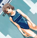  blue_eyes brown_hair dutch_angle imo_works one-piece_swimsuit original school_swimsuit short_hair solo swimsuit 