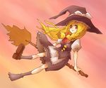  apron black_dress blonde_hair braid broom broom_riding brown_eyes dress full_body hat kirisame_marisa looking_at_viewer puffy_short_sleeves puffy_sleeves shoes short_sleeves shuuhei_(shoohey) single_braid single_shoe solo thighhighs touhou waist_apron witch_hat zettai_ryouiki 