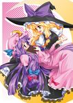  bad_id bad_pixiv_id blonde_hair blush book bow covering_mouth crescent_moon eye_contact hair_bow hat holding_hands hong_(white_spider) kirisame_marisa long_hair looking_at_another moon multiple_girls open_mouth patchouli_knowledge purple_hair robe shy smile touhou very_long_hair witch_hat yuri 