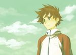  artist_request blue_eyes brown_hair cloud day eureka_seven eureka_seven_(series) male_focus raglan_sleeves renton_thurston sky solo wind 