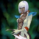  aqua_eyes bangs blunt_bangs breasts cross-laced_clothes dark_skin devil_may_cry devil_may_cry_4 gloria_(devil_may_cry) gloves holding lips lipstick looking_at_viewer makeup medium_breasts purple_lipstick ryouko_(ddism) short_hair solo standing white_gloves white_hair 