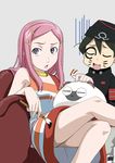  1girl anemone_(eureka_seven) calligraphy_brush collar dominic_sorel dress eureka_seven eureka_seven_(series) face_painting gulliver hair_ornament hairclip isse paintbrush pink_hair purple_eyes sitting 