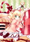  blonde_hair bow cake candy candy_cane cookie food food_on_face green_eyes hair_ribbon highres hina_ichigo iwaku macaron pastry pink_bow ribbon rozen_maiden short_hair sitting solo 