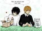  black_hair blonde_hair blush box cupcake death_note dessert l near smile sweater white_hair yagami_light 