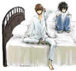  barefoot bed bed_sheet black_hair brown_hair cuffs death_note handcuffs l l_(death_note) pajamas pillow sheets sitting yagami_light 