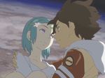  1girl animated animated_gif aqua_hair brown_hair couple dress eureka eureka_seven eureka_seven_(series) falling flying hair_ornament hairclip hetero kiss purple_eyes raglan_sleeves renton_thurston screencap spoilers wings 