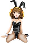  animal_ears brown_hair bunny_ears bunnysuit face fishnet_pantyhose fishnets high_heels kishida-shiki pantyhose shoes short_hair solo spread_legs suzumiya_haruhi suzumiya_haruhi_no_yuuutsu yellow_eyes 