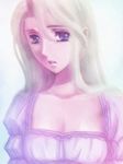  blonde_hair blue_eyes breasts cleavage collarbone dress final_fantasy final_fantasy_iv hair_between_eyes large_breasts looking_at_viewer lowres parted_lips purple_dress rosa_farrell solo soranokaze15 upper_body 