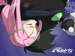  1girl anemone_(eureka_seven) black_hair bodysuit closed_eyes dominic_sorel eureka_seven eureka_seven_(series) falling gulliver hair_ornament hairclip hug military military_uniform pink_hair uniform vector_trace wallpaper 