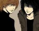  2boys black_eyes black_hair brown_eyes brown_hair death_note glasses jacket l l_(death_note) lowres male male_focus multiple_boys simple_background smile turtleneck yagami_light 