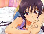  arm_support bed bed_sheet black_hair breast_squeeze breasts kotegawa_yui long_hair lossy-lossless lying medium_breasts non-web_source on_stomach orange_eyes scan smile solo to_love-ru 