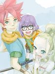  blonde_hair blue_eyes chrono_trigger crono forehead glasses headband jewelry lucca_ashtear marle multiple_girls mwr necklace purple_hair red_hair smile sword weapon 