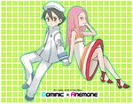  1girl anemone_(eureka_seven) artist_request back-to-back beret black_hair checkered collar couple dominic_sorel dress eureka_seven eureka_seven_(series) hair_ornament hairclip hat hetero high_heels holding_hands military military_uniform peaked_cap pink_eyes pink_hair shoes uniform 