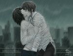  2boys black_hair brown_hair cityscape death_note eyes_closed kiss l l_(death_note) male_focus multiple_boys open_mouth outdoors rain rooftop see-through sky wet yagami_light yaoi 