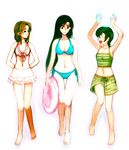  aerith_gainsborough akaza_shiro armpits arms_up ball bare_shoulders beachball bikini black_hair brown_eyes brown_hair camisole closed_eyes final_fantasy final_fantasy_vii innertube long_hair midriff multiple_girls short_hair shorts skirt smile swimsuit tifa_lockhart yuffie_kisaragi 