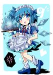  1girl alternate_costume alternate_hairstyle anger_vein apron bad_id bad_pixiv_id blue_eyes blue_hair blue_skirt blush cake cirno cup enmaided fang food frozen givuchoko heart highres ice_block maid maid_headdress number open_mouth revision short_hair side_ponytail skirt solo teacup touhou tray wings wrist_cuffs 