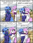  bench blue_eyes blush ciriliko cold comic couple creeper cub cutie_mark english_text equine female feral friendship_is_magic hair horn horse hug mammal minecraft my_little_pony outside pink_hair pony princess princess_celestia_(mlp) princess_luna_(mlp) purple_eyes royalty scarf sibling siblings sisters snow text video_games winged_unicorn wings young 