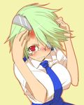  arms_up bad_id bad_pixiv_id blush breasts bruise eyepatch from_above green_hair hair_ornament hair_over_one_eye hand_on_own_head impossible_clothes impossible_shirt injury kurokuro large_breasts looking_at_viewer looking_up open_mouth otonashi_kiruko red_eyes shinmai_fukei_kiruko-san shirt short_hair skirt solo tears uniform 