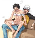  2boys anal bandage barefoot clothed_on_nude couch cum denim doctor earrings flaccid hat jeans jewelry male male_focus monkey_d_luffy multiple_boys nude on_lap one_piece open_fly pants patient penis pubic_hair raglan_sleeves scar sex sitting tattoo trafalgar_law unzipped yaoi 