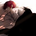 1boy jacket lowres male male_focus one_piece red_hair shanks shirt sleeping solo white_shirt 