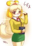  animal_ears artist_name bell bespectacled blonde_hair blush breasts brown_eyes cardigan clipboard dated dog_ears dog_girl dog_tail doubutsu_no_mori furry glasses hair_bell hair_ornament medium_breasts multicolored_hair pince-nez red-framed_eyewear scrunchie semi-rimless_eyewear shizue_(doubutsu_no_mori) skirt skykain smile solo tail taut_clothes topknot two-tone_hair under-rim_eyewear 