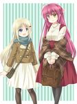  bag blue_eyes brown_eyes dress futaki_kanata hair_bobbles hair_ornament handbag little_busters! long_hair multiple_girls noumi_kudryavka pantyhose purple_hair satou_aoi scarf shawl silver_hair 