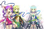  aisha_(elsword) back_bow bad_id bad_pixiv_id belt black_legwear blue_ribbon bow code:_battle_seraph_(elsword) detached_collar dimension_witch_(elsword) elf elsword eve_(elsword) expressionless flower gloves green_eyes green_hair hair_ornament hairclip hand_on_hip iris_(flower) leotard long_hair midriff multiple_girls navel night_watcher_(elsword) pointy_ears purple_eyes purple_hair purple_skirt rena_(elsword) ribbon ron_(lovechro) shorts skirt smile thighhighs twintails white_hair yellow_eyes 