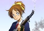 brown_hair gun hirasawa_ui k-on! m1_garand ponytail ribbon rifle sakuragaoka_high_school_uniform school_uniform smoke solo suupii weapon 