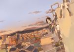  bad_id bad_pixiv_id black_hair blazer blue_eyes blush bow cityscape climbing cloud day dutch_angle jacket ladder loafers looking_back mountain multiple_girls open_mouth original rano rooftop scenery school_uniform shoes short_hair sitting skirt sky 