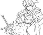  1girl abs bb_(baalbuddy) breasts cleavage drawfag frown helmet large_breasts league_of_legends monochrome open_mouth sejuani shield short_hair simple_background sketch solo sword weapon white_background 
