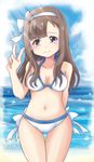  bikini breasts brown_eyes brown_hair cleavage hair_ribbon hairband idolmaster idolmaster_cinderella_girls long_hair midriff mizumoto_yukari navel ribbon solo swimsuit toufuu v 