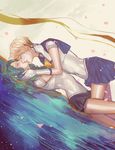  absurdres aqua_hair bishoujo_senshi_sailor_moon blonde_hair blue_sailor_collar blue_skirt closed_eyes couple hair_grab highres kaiou_michiru kiss lying multiple_girls ngop outer_senshi petals sailor_collar sailor_neptune sailor_senshi_uniform sailor_uranus short_hair skirt ten'ou_haruka very_short_hair water yuri 