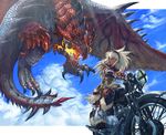  :o blue_eyes boyaking cloud dark_skin day dragon fire ground_vehicle kirin_(armor) long_hair monster_hunter motor_vehicle motorcycle rathalos revision riding sky solo white_hair wyvern 