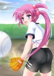  ass bad_id bad_pixiv_id baseball baseball_mitt bike_shorts blue_eyes blush grass gym_uniform hair_bobbles hair_ornament little_busters! long_hair pink_hair saigusa_haruka shirt side_ponytail solo tied_shirt yappen 