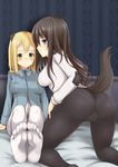  ass bad_id bad_pixiv_id black_hair black_legwear blonde_hair blue_eyes blush breasts cameltoe elizabeth_f_beurling elma_leivonen feet green_eyes kneeling long_hair medium_breasts multiple_girls panties panties_under_pantyhose pantyhose rosettastone sitting tail underwear white_legwear world_witches_series 