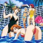  90s absurdres agent_aika aida_rion aika_(series) arm_up armpits ass bangs bare_arms bare_legs bare_shoulders bent_over bianca_(agent_aika) bikini black_swimsuit blonde_hair blue_bikini blue_delmo blue_eyes blue_sky blue_swimsuit bottomless bow bra breasts brown_eyes brown_hair cannon champagne_flute cleavage cloud cloudy_sky cocktail cocktail_umbrella collarbone covered_navel covered_nipples cup day drinking_glass earrings extra eyebrows eyebrows_visible_through_hair eyewear_on_head folded_ponytail food fruit glasses golden_delmo green_eyes hairband hand_on_hip highleg highleg_swimsuit highres holding holding_cup hotel ice jacket jewelry kappa large_breasts lipstick long_hair looking_at_viewer looking_back makeup medium_breasts multiple_girls navel official_art one-piece_swimsuit open_mouth orange_hair out_of_frame outdoors palm_tree panties ponytail pool pool_ladder poolside profile red_bikini red_hair red_jacket red_lips red_swimsuit shirt short_hair side-tie_bikini side-tie_panties sky stuffed_animal stuffed_toy sumeragi_aika sunglasses swimsuit tan thighs tree underwear wading water white_bra white_shirt yamauchi_noriyasu yellow_bow yellow_swimsuit 
