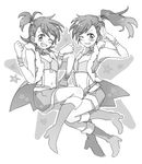  ;d bad_id bad_pixiv_id blush boots choker futami_ami futami_mami greyscale idolmaster idolmaster_(classic) long_hair monochrome multiple_girls one_eye_closed open_mouth pink_diamond_765 popoin short_hair side_ponytail smile suspenders 