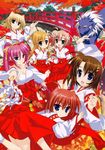  6+girls absurdres ahoge autumn bell blonde_hair blue_eyes blush bow braid breasts bridge brown_hair cleavage detached_sleeves earrings fujima_takuya gohei green_eyes hair_bow hair_ribbon heterochromia highres japanese_clothes jewelry leaf long_hair lyrical_nanoha mahou_shoujo_lyrical_nanoha mahou_shoujo_lyrical_nanoha_a&#039;s mahou_shoujo_lyrical_nanoha_a's mahou_shoujo_lyrical_nanoha_strikers mahou_shoujo_lyrical_nanoha_vivid miko miura_rinaldi multiple_girls open_mouth pink_hair pleated_skirt ponytail purple_eyes red_eyes red_hair ribbon shamal short_hair short_twintails signum skirt skirt_lift smile translation_request tree twin_braids twintails vita vivio wolf yagami_hayate zafira 