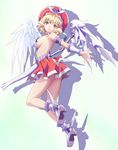  angel_wings armlet armor armored_dress asymmetrical_wings bad_id bad_pixiv_id bangs blonde_hair boots bracer breastplate breasts gun hat high_heels kanade1631 laila_(queen's_blade) legs mechanical_wings medium_breasts no_bra purple_eyes queen's_blade queen's_blade_rebellion revealing_clothes shoes short_hair sideboob skirt smile solo weapon winged_hat winged_shoes wings 