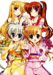  4girls absurdres asteion blonde_hair brown_hair einhart_stratos fate_testarossa fujima_takuya heterochromia highres japanese_clothes kimono lyrical_nanoha mahou_shoujo_lyrical_nanoha mahou_shoujo_lyrical_nanoha_vivid multiple_girls official_art sacred_heart takamachi_nanoha vivio yukata yuri 