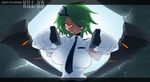  :d bad_id bad_pixiv_id breasts eyepatch green_hair large_breasts letterboxed necktie open_mouth orange_eyes otonashi_kiruko shinmai_fukei_kiruko-san short_hair smile solo space_jin tonfa upper_body weapon 