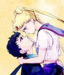  1girl androgynous bad_id bad_pixiv_id bishoujo_senshi_sailor_moon black_hair blonde_hair blue_sailor_collar from_side hand_on_another's_face holding juuban_high_school_uniform long_hair looking_at_another nape nobu_(25mark) ponytail profile sailor_collar school_uniform seiya_kou serafuku tsukino_usagi twintails yellow_background 