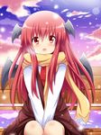  :d bad_id bad_pixiv_id blush cloud head_wings koakuma long_hair looking_at_viewer necktie open_mouth red_eyes red_hair red_neckwear scarf shinekalta shirt sitting sky smile snowing solo touhou v_arms white_shirt wings 