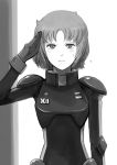  1girl elpeo_puru gacha-m greyscale gundam gundam_zz looking_at_viewer monochrome pilot_suit salute short_hair simple_background solo sweatdrop upper_body white_background 