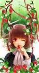  animal_ears antlers brown_eyes brown_hair copyright_request english flower food fruit koromono looking_at_viewer one_eye_closed ribbon short_hair smile solo strawberry strawberry_blossoms 