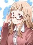  adjusting_eyewear ano_fuji brown_eyes brown_hair glasses long_hair looking_at_viewer okujou_no_yurirei-san red-framed_eyewear revision sakayama_shinta smile solo 