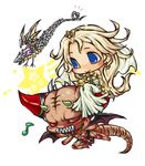  1boy 1girl bare_shoulders blonde_hair blue_eyes chaos_(dff) chibi commentary cosmos_(dff) couple dissidia_final_fantasy dragon dress earrings eighth_note fangs final_fantasy final_fantasy_v flying heart heart_tail hetero horns jewelry long_hair lowres musical_note nigou_(equal1014) red_eyes shinryuu_(final_fantasy) shooting_star sitting smile tail wings 
