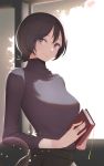  1girl absurdres backlighting bangs black_hair bloom blue_eyes book breasts hair_between_eyes head_tilt highres holding holding_book indoors large_breasts lens_flare looking_at_viewer original pleated_skirt pnoji short_hair skirt smile solo standing sweater turtleneck turtleneck_sweater upper_body window 