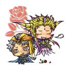  armor bandana blonde_hair breath cape chibi closed_eyes commentary dissidia_final_fantasy emperor_(ff2) final_fantasy final_fantasy_ii floating flower frioniel grey_hair horns lowres multicolored_hair multiple_boys nigou_(equal1014) open_mouth petals pointy_ears ponytail purple_hair rose sitting smile snake tears two-tone_hair 